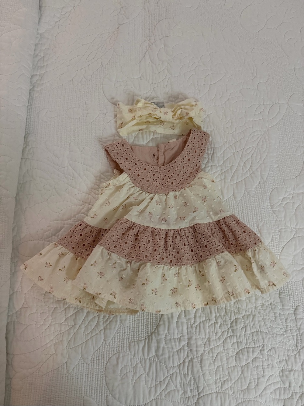 Girls Cream & Dusty Rose Tiered Eyelet Dress with Headband